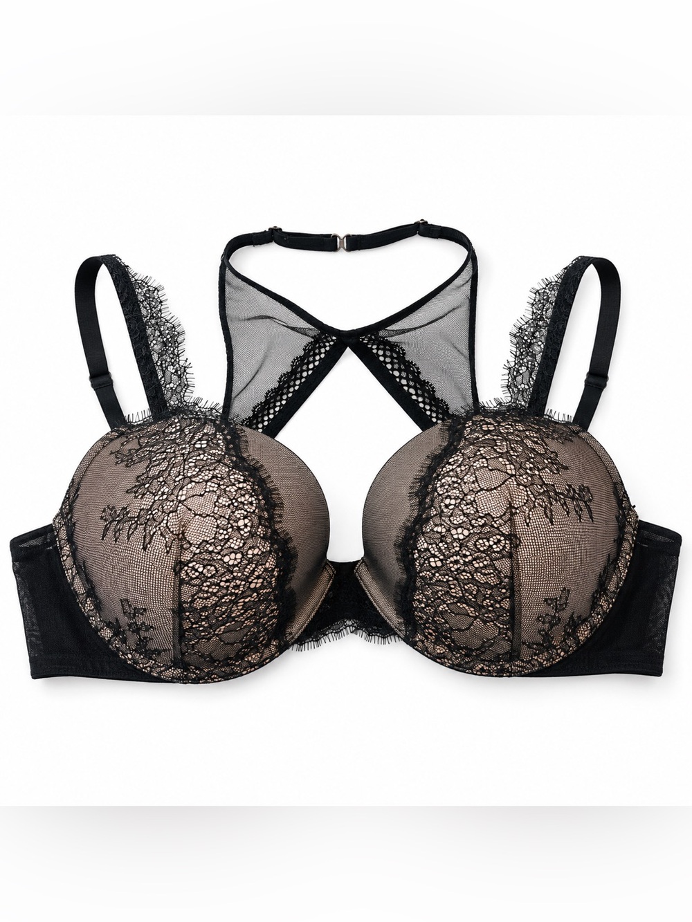 Victoria’s Secret Very Sexy Push-Up Bra 38C Black Nude Lace High Neck Strappy